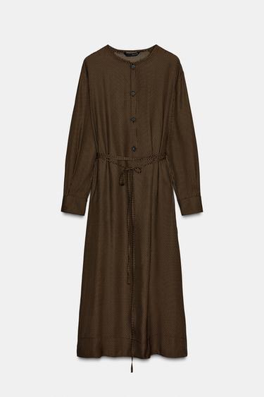 Zara ZW COLLECTION POLKA DOT BELTED DRESS - Brown