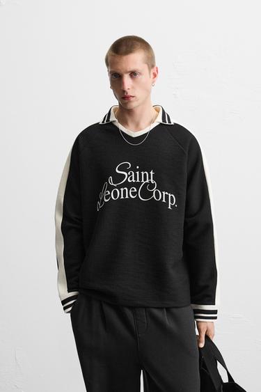 Zara RETRO FOOTBALL TEXTURED SWEATSHIRT - Black