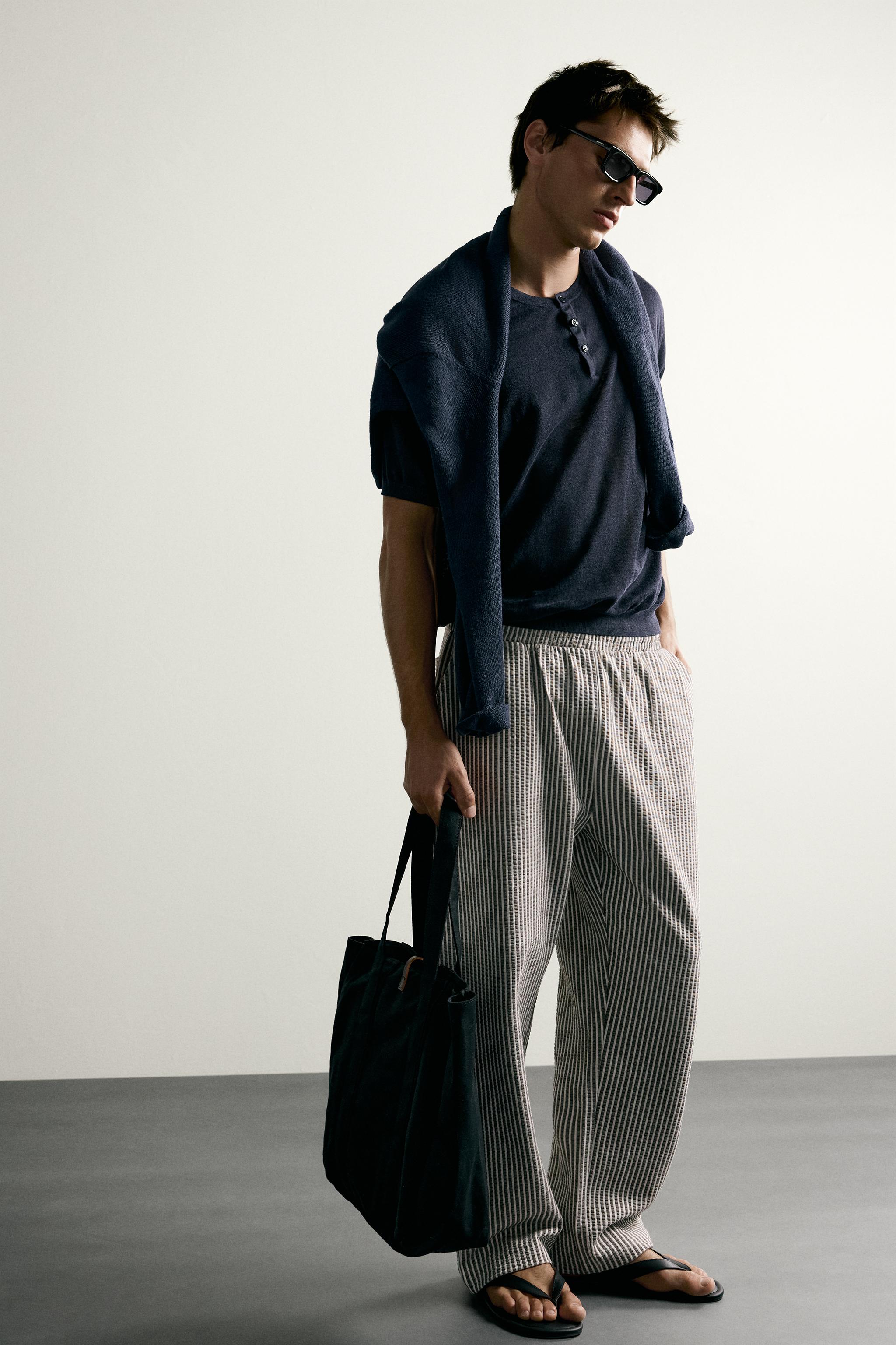 Мужские брюки Zara CONTRAST SEERSUCKER RELAXED FIT PANTS — фото 5