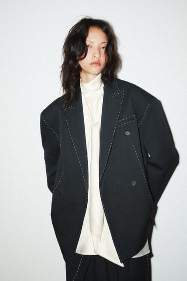 Zara 加大版縫線西裝外套 - 深海藍色