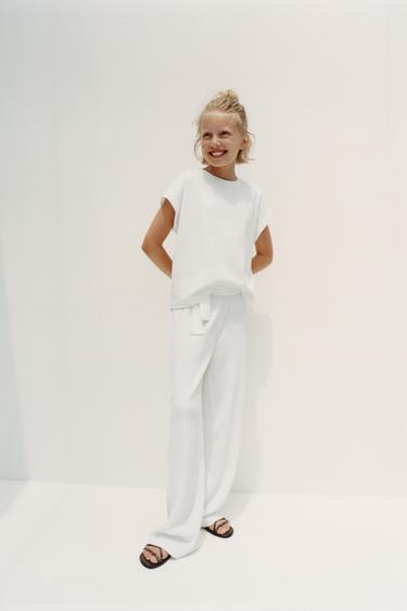 Zara TEXTURED WIDE LEG BELTED PANTS - White