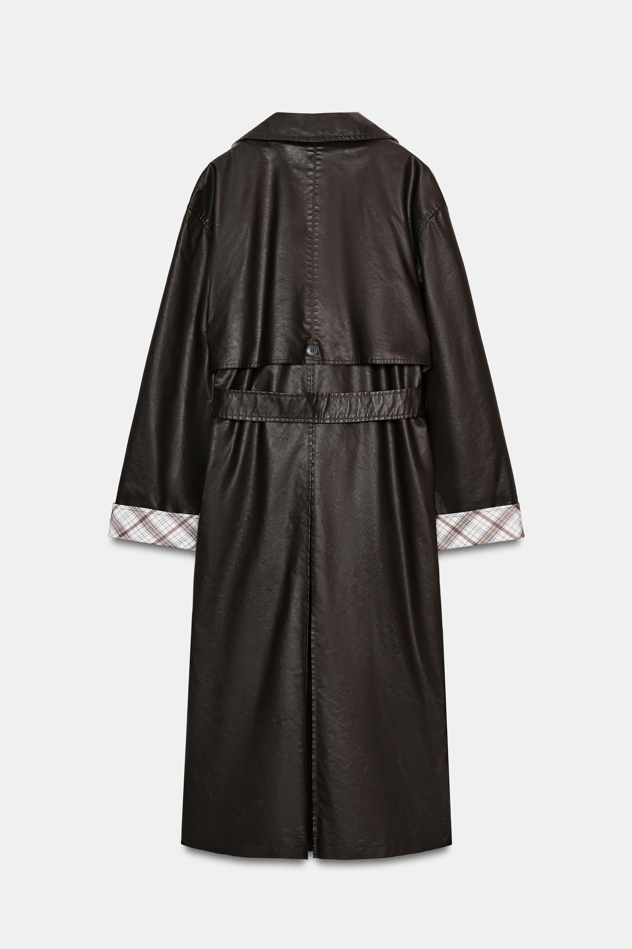 ワックスフィニッシュチェック柄ロングトレンチコート - ダーク