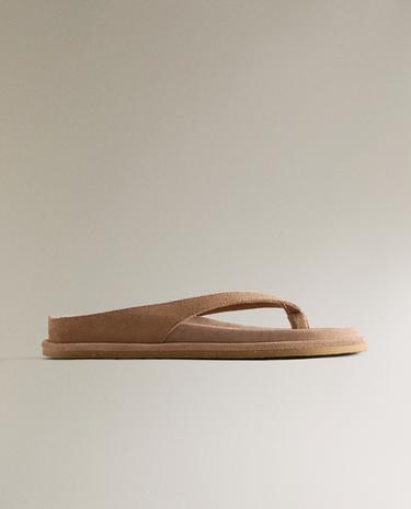 Zara FLAT LEATHER SANDALS - Beige
