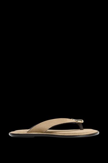 Zara FLAT SUEDE SANDALS WITH METALLIC ORNAMENT - Sandy Brown - Image 0