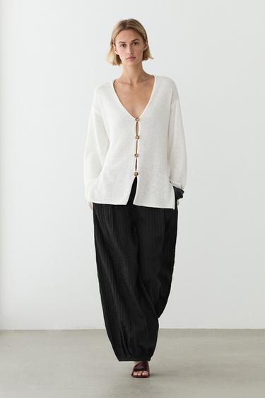 Zara Long knit V-neck cardigan - White - Image 0