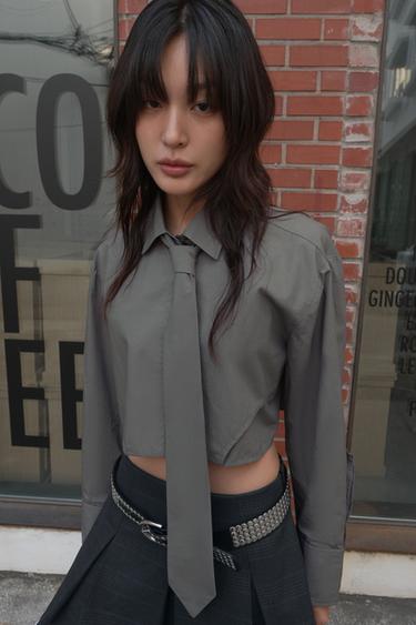 타이 디테일 포플린 크롭 셔츠 - Zara 그레이