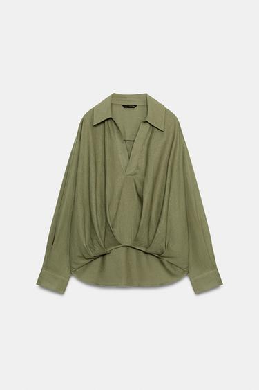 CAMISA CON LINO BAJO ABULLONADO - Khaki claro de Zara - Imagen 0