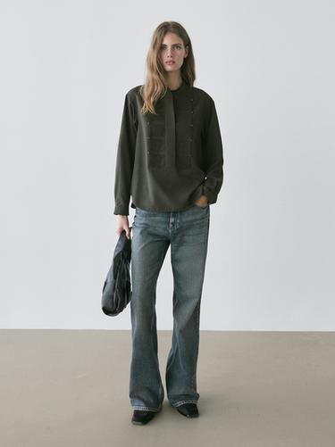 Zara Pintuck shirt with stand collar - Green - Image 0
