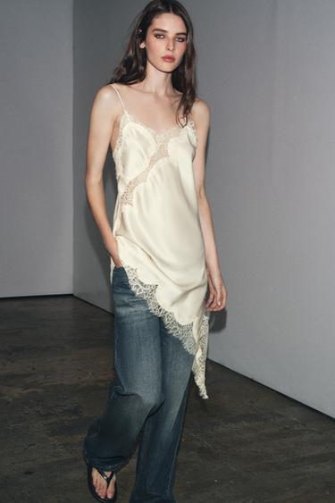 Zara ZW COLLECTION ASYMMETRIC LACE DRESS - Oyster-white
