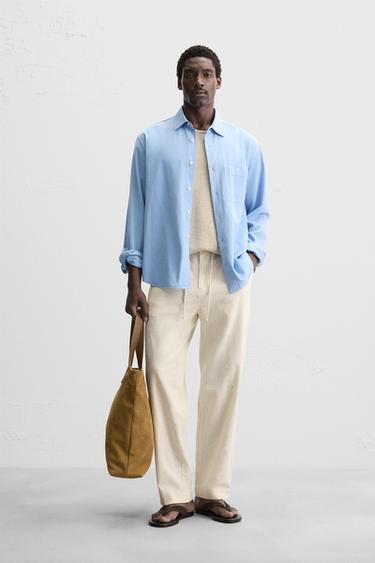 Zaras BYXA AV BOMULL OCH LINNE MED BRODERI OCH HÅLMÖNSTER - Ljust beige