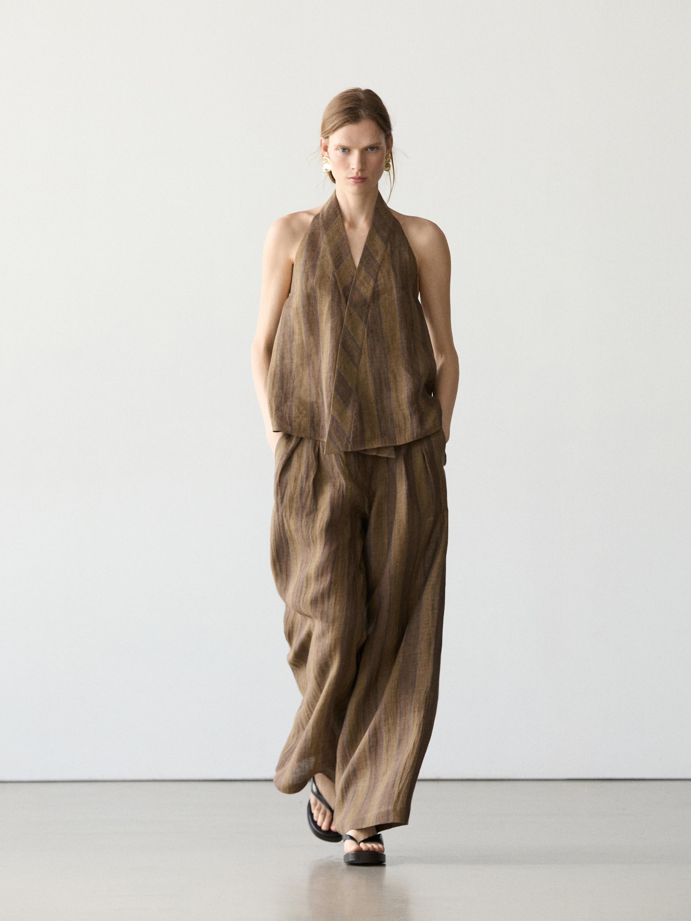 Striped linen wide-leg trousers