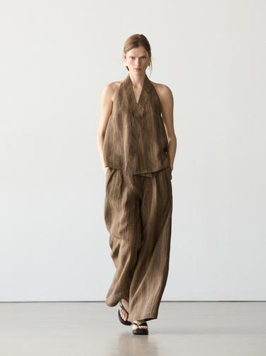 Pantalón ancho rayas lino - Khaki de Zara - Imagen 0