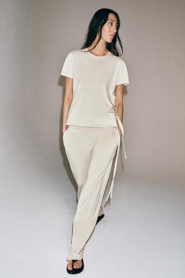 Zara STRAIGHT LEG DRAWSTRING PANTS - Beige