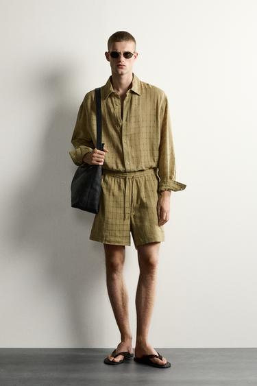 CHECK JACQUARD LINEN/COTTON BERMUDA SHORTS - Light khaki by Zara