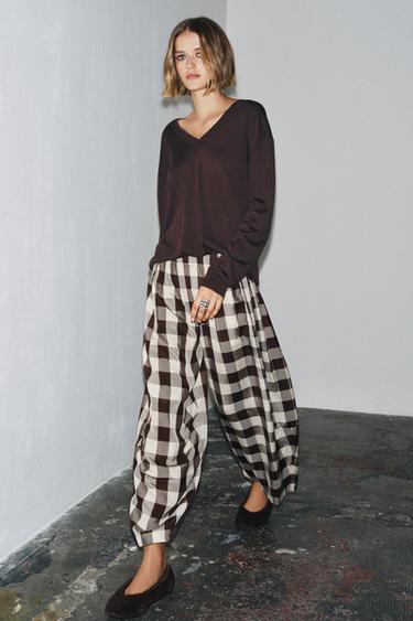 ZW COLLECTION GINGHAM CHECK TROUSERS - Brown / Ecru by Zara