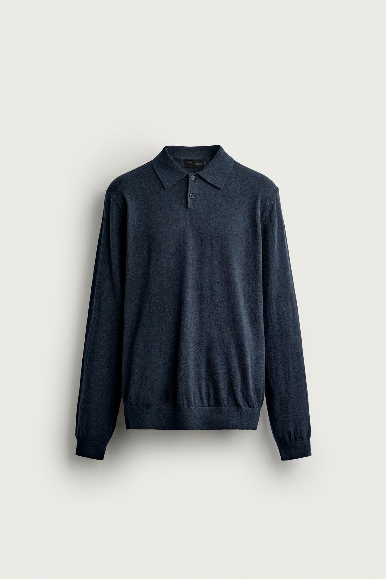 COTTON-CASHMERE KNIT POLO SHIRT — Blue