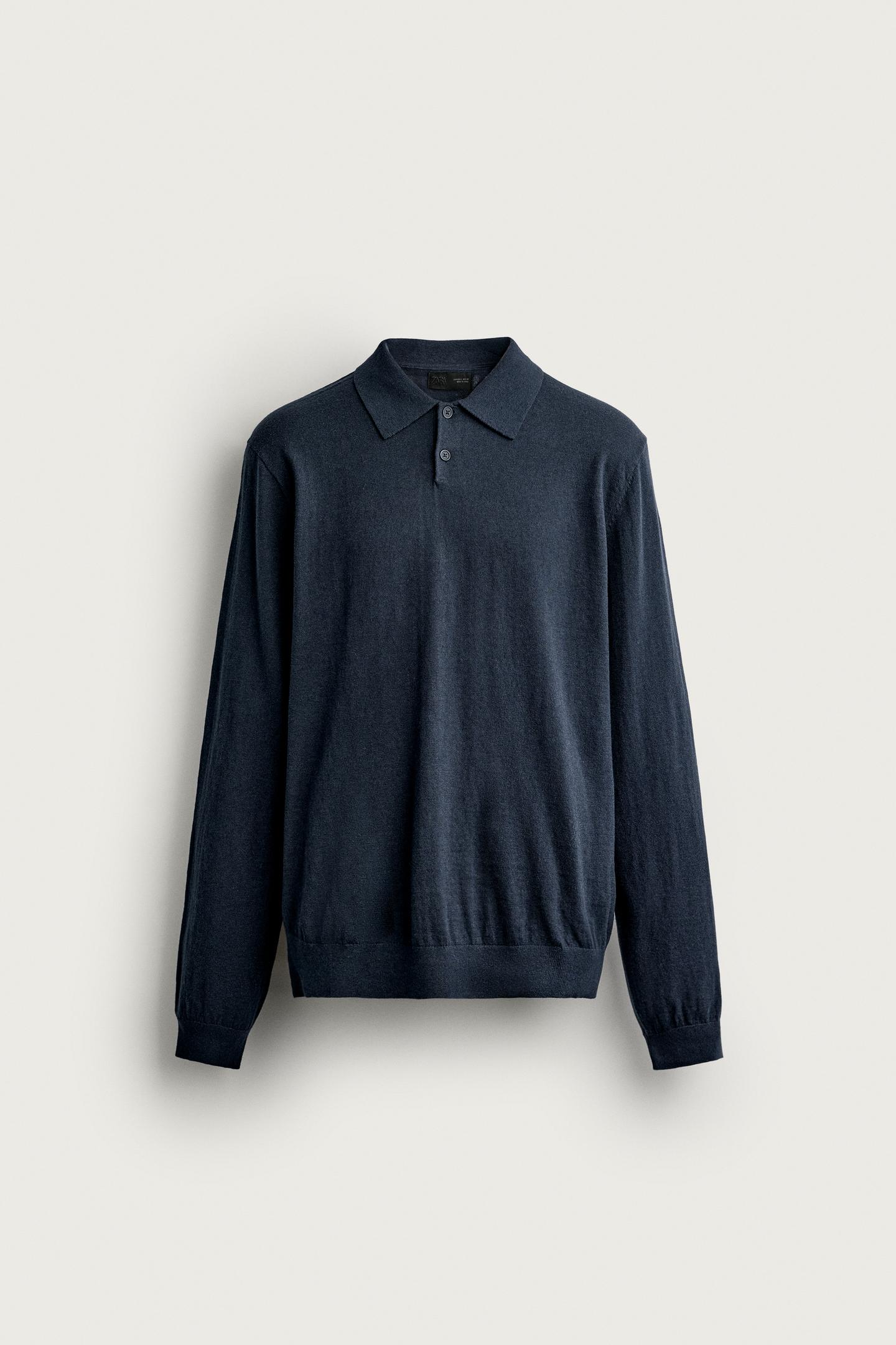 Мужское поло Zara Cotton-Cashmere Knit Polo Shirt, цвет: Синий — фото 7