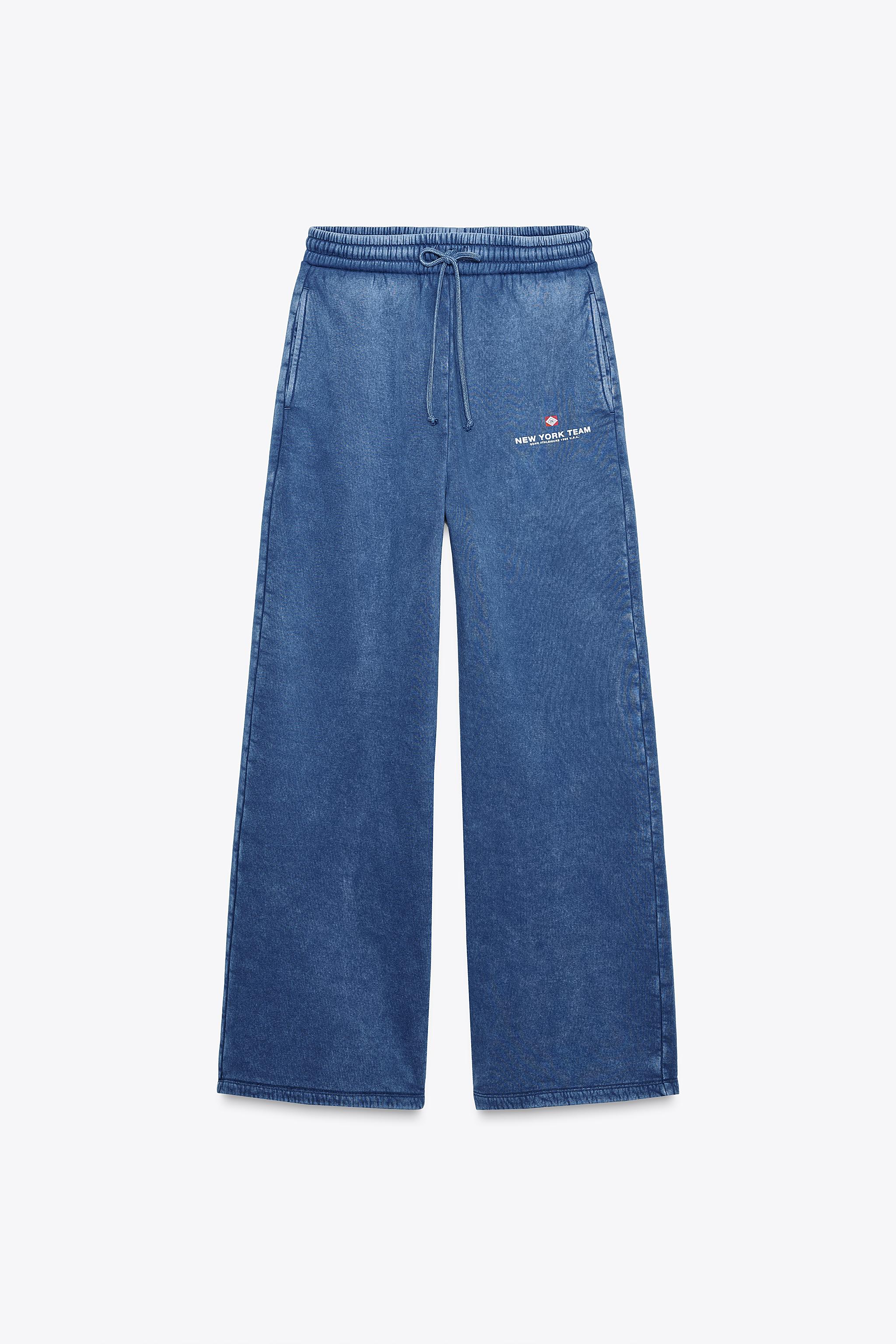 WASHED-EFFECT PLUSH TROUSERS WITH SLOGAN - Blue | ZARA Saudi