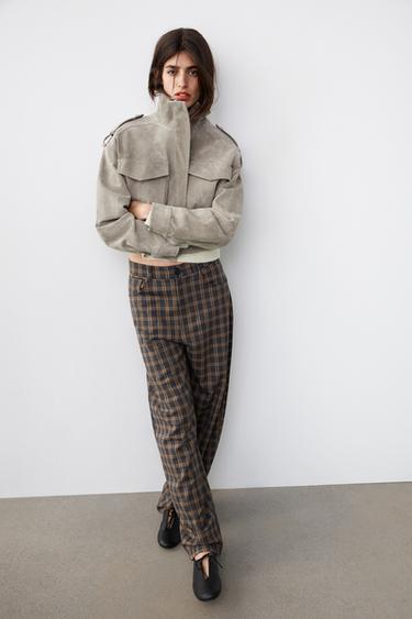 100% LEATHER CROPPED JACKET WITH TAB DETAILS - Light grey by Zara