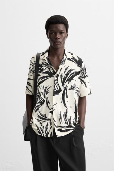 Zara ABSTRACT PRINT STRETCH SHIRT - Beige