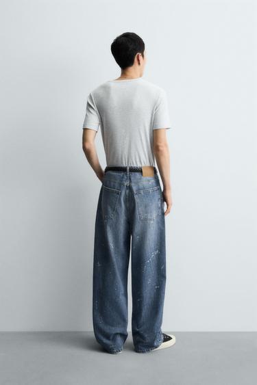 Zara SPLATTERED BAGGY FIT JEANS - Mid-blue