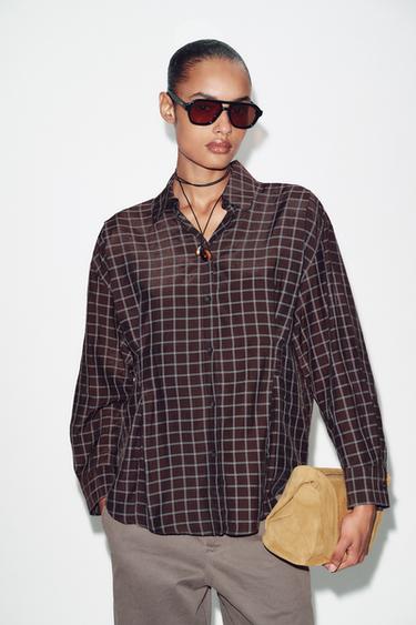 CAMISA OVERSIZE CADROS - Marrón / Cru de Zara