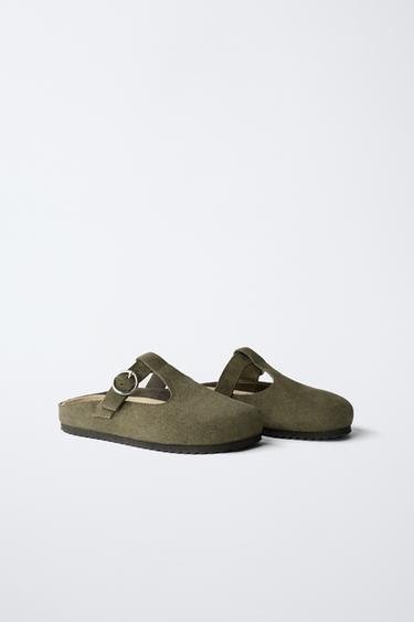 SPLIT SUEDE T-BAR CLOGS - Khaki Green by Zara