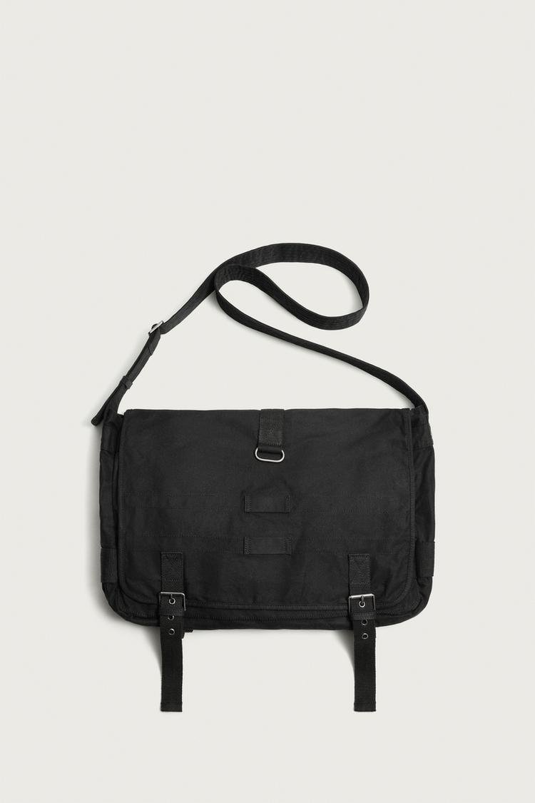WAXED FABRIC CROSSBODY BAG — Black