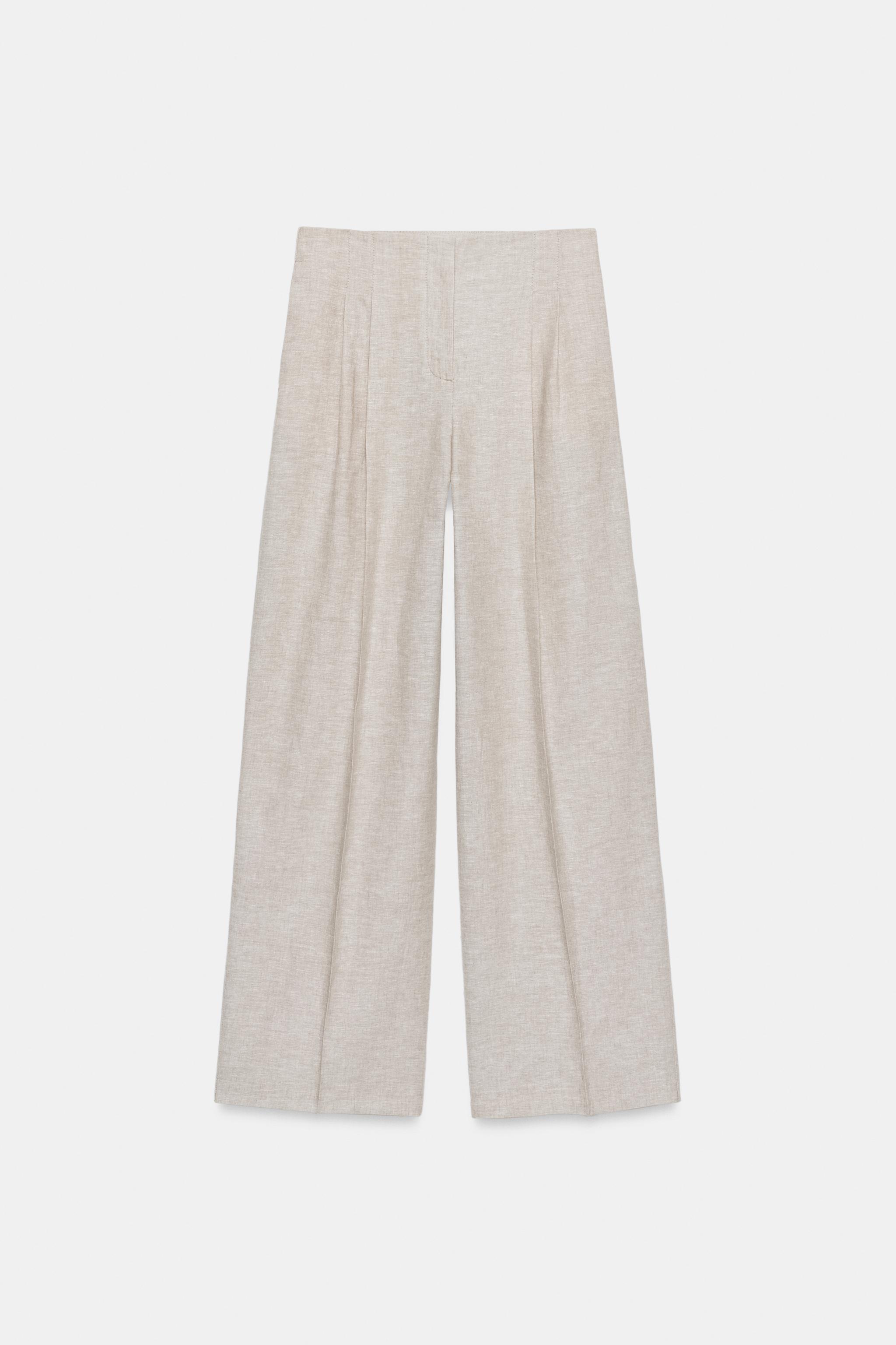 Zara Keten Kumaş Pensli Düz Paça Pantolon görsel 7