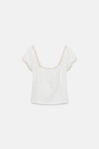 TOP À CARREAUX VICHY EN DENTELLE - Écru / Beige de Zara - Image 4