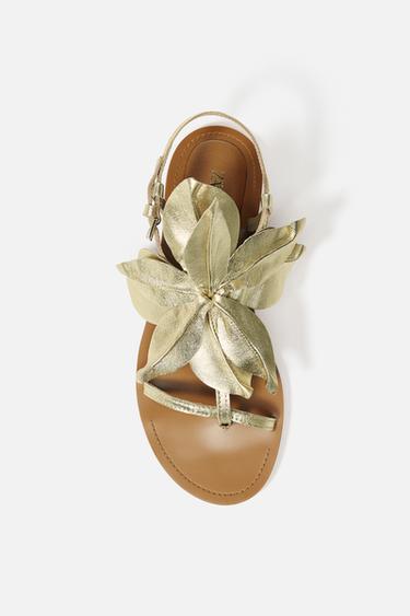 Zara FLOWER FLAT LEATHER SANDALS - Gold