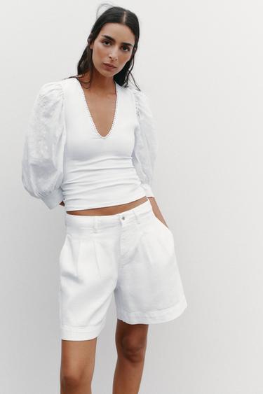 TOP À MANCHES BOUFFANTES ET FLEURS BRODÉES - Blanc de Zara
