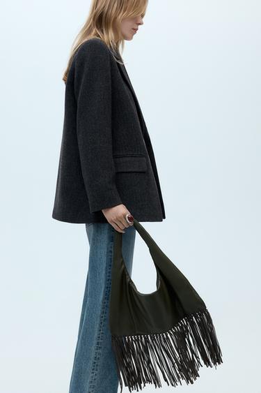 SAC PORTÉ ÉPAULE À FRANGES - Vert de Zara - Image 0