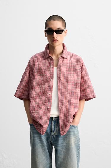 Zara 格紋泡泡紗襯衫 - 玫瑰紅色
