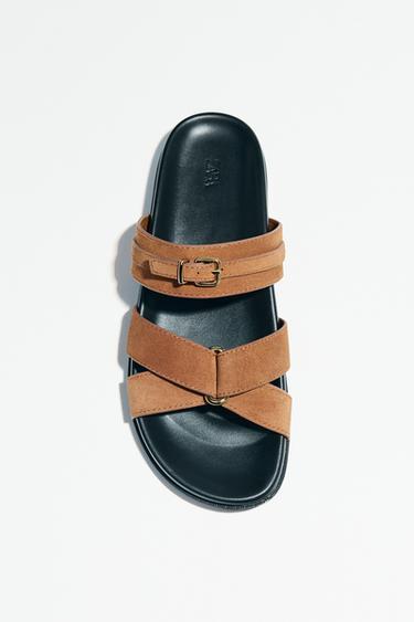 Zara SUEDE CROSSED STRAP SANDALS - Dark tan