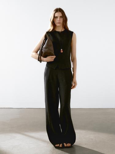 Zara 100% linen waistcoat with seam details and buckle - Black