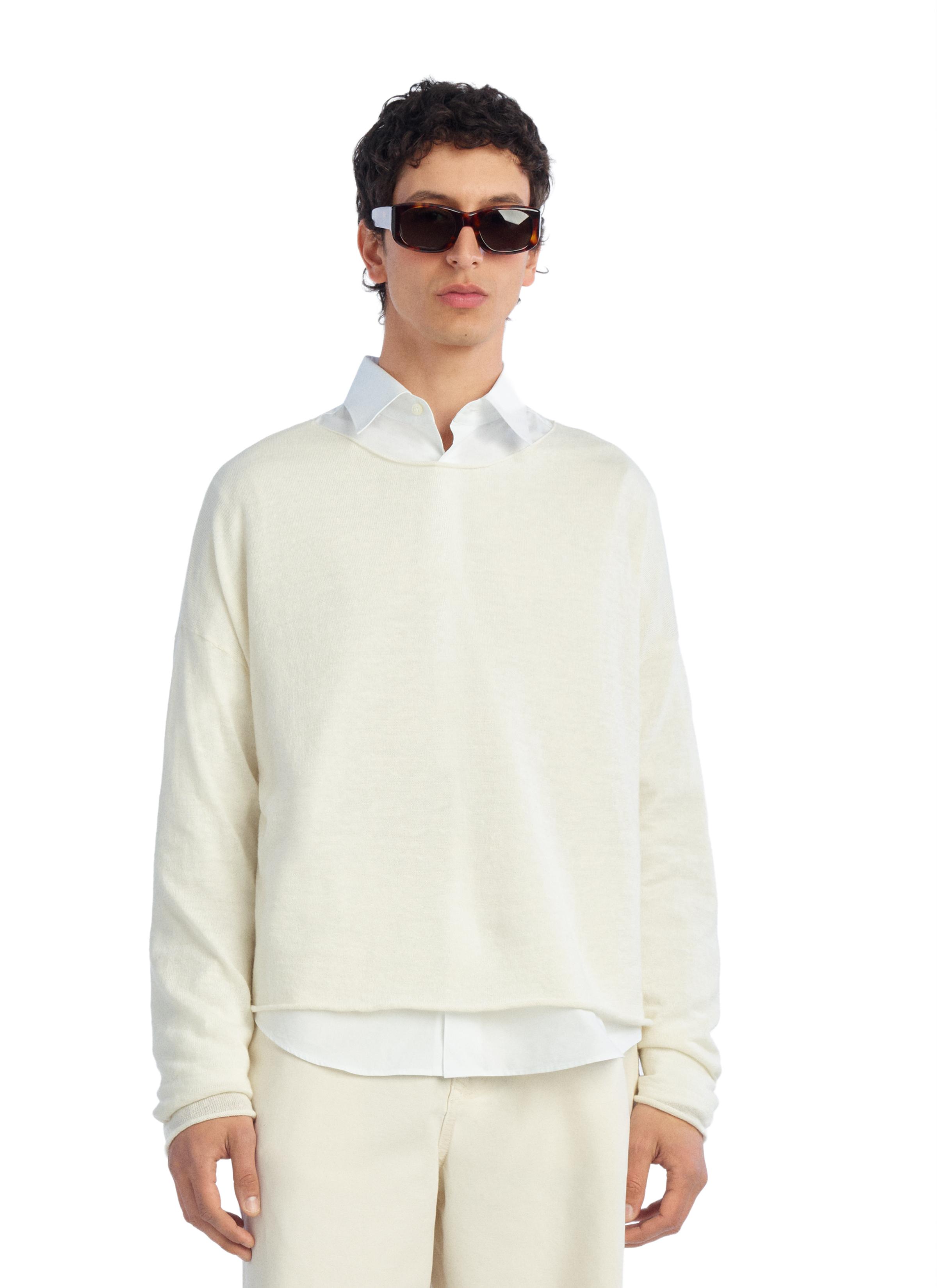 CROPPED FIT LINEN-WOOL BLEND SWEATER — Ecru