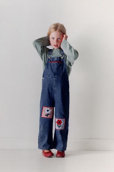 EMBROIDERED FLORAL LONG DENIM DUNGAREES - Blue by Zara