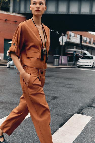 Zara PLEATED ELASTIC WAIST PANTS - Terracotta