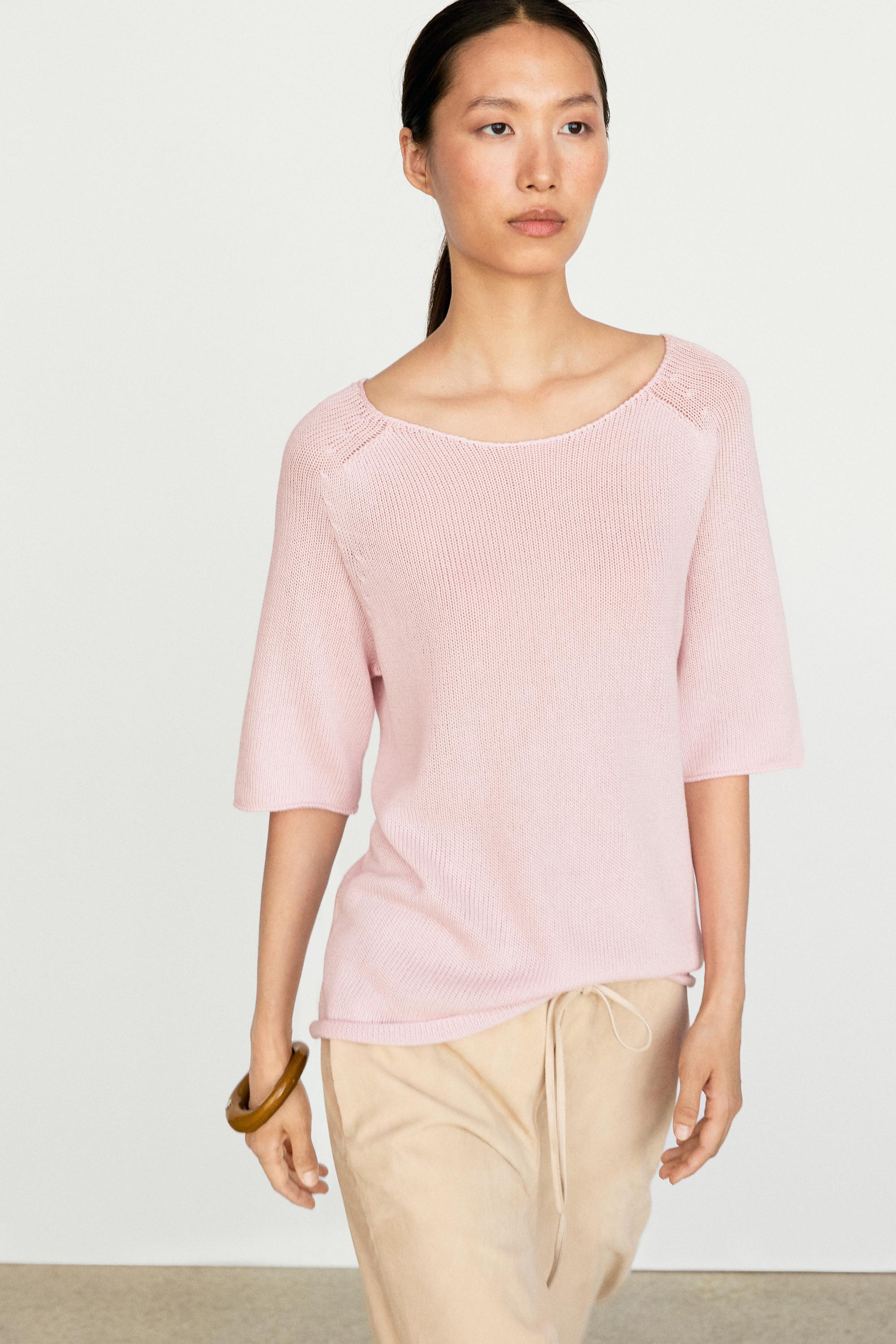 100% cotton boat neck knit sweater — Pink