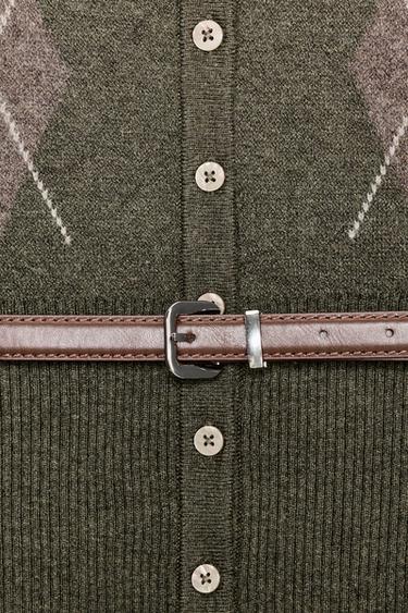 DIAMOND KNIT CARDIGAN WITH BELT - Dark khaki by Zara - Image 3