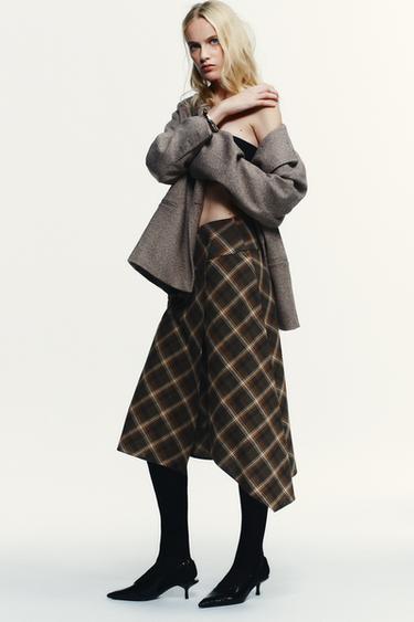 JUPE MI-LONGUE ASYMÉTRIQUE À CARREAUX - Kaki foncé de Zara - Image 1