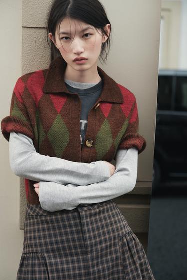 ARGYLE KNIT POLO CARDIGAN - Multicoloured by Zara