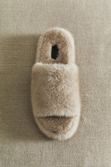 Zara FAUX FUR FLATFORM SLIPPERS - Sandy Brown