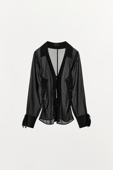 Zara SEMI-SHEER STUDDED SHIRT - Black