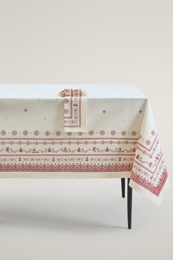 Zara CHRISTMAS PRINT COTTON TABLECLOTH WITH BORDER - White - Image 0
