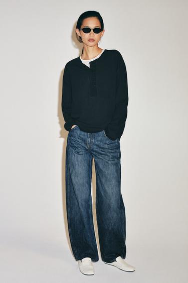 LINEN BLEND HENLEY T-SHIRT - Black by Zara