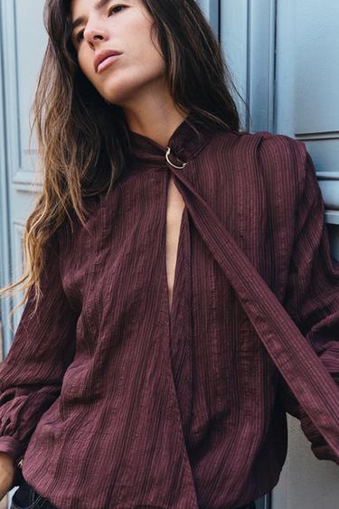 STRIPED WRAP BLOUSE — Burgundy 2