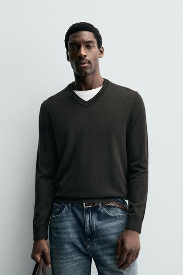 СВЕТР З V-ПОДІБНИМ КОМІРОМ ЗІ 100%-Ї ВОВНИ - Шоколадний Zara