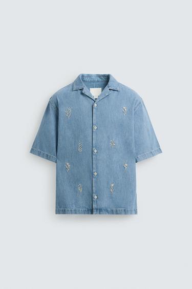 CONTRAST EMBROIDERY DENIM SHIRT - Mid-blue by Zara